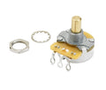 Metal potentiometer with gold solid shaft and three solder lugs, plus a mounting nut and lock washer.