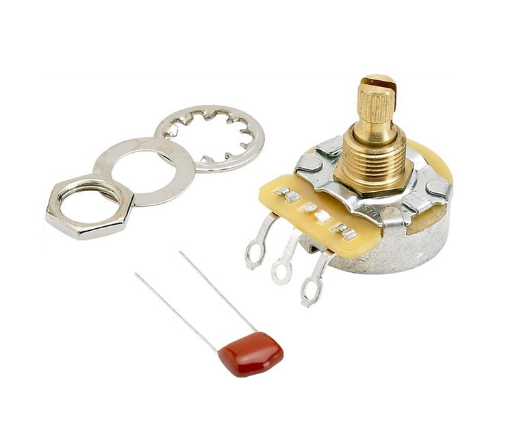 Metal potentiometer with split shaft, three solder lugs, washers, nut, and small red capacitor on white background
