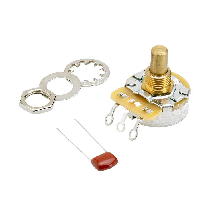 Rotary potentiometer with nut, washers, and a small capacitor shown on white background.