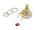 Close-up of a rotary potentiometer with a solid shaft and accompanying mounting washers and capacitor on a white background.