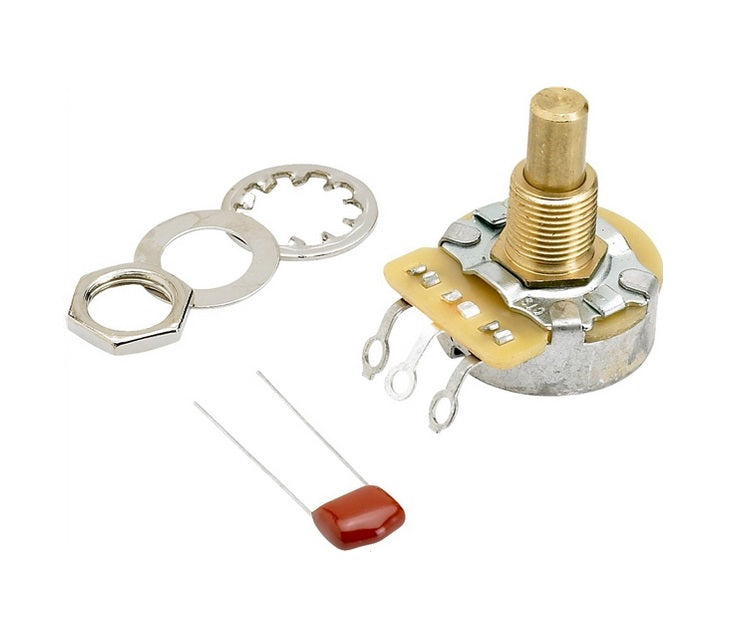 Close-up of a rotary potentiometer with a solid shaft and accompanying mounting washers and capacitor on a white background.