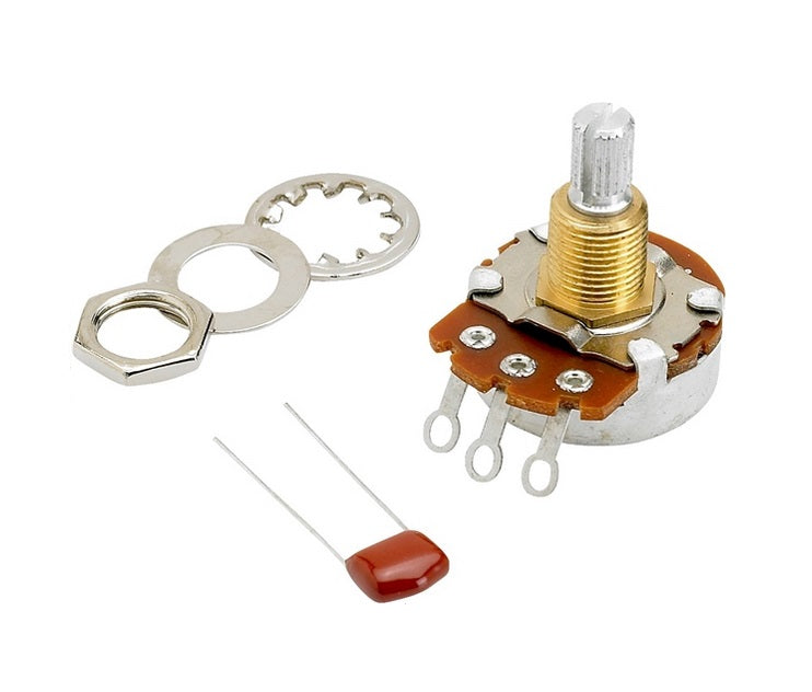 Rotary potentiometer with three terminals, a capacitor, and mounting hardware on a white background.