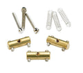 Three brass cylindrical saddles with screws, three metal springs, and two slotted screws on white background