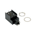Black rectangular electronic jack socket with three metal prong terminals and separate metal nut and washer.