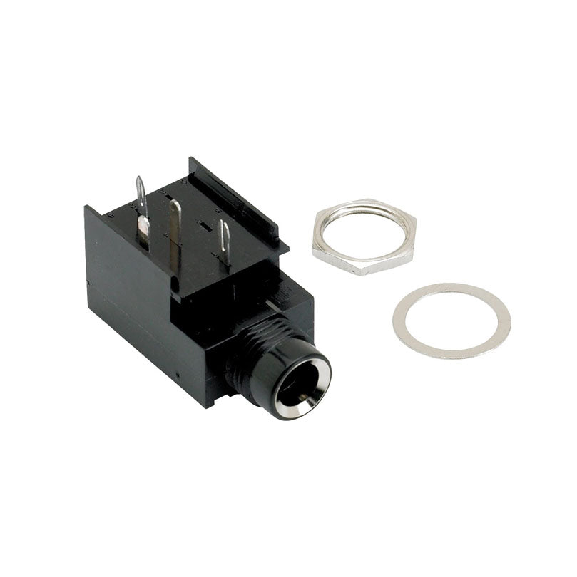 Black rectangular electronic jack socket with three metal prong terminals and separate metal nut and washer.