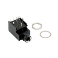 Black 9-pin female audio jack connector with metal mounting ring and washer on a white background.