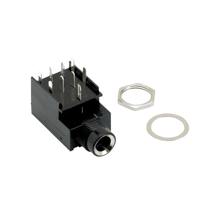 Black 9-pin female audio jack connector with metal mounting ring and washer on a white background.
