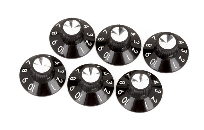 Six black and silver skirted rotary control knobs numbered 1 to 10 arranged on a white background.