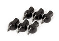 Six black rotary knobs with a pointed silver indicator from above on a white background.