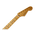 Light brown wooden guitar neck with black fret markers and Fender logo on the headstock.