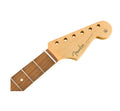 Light brown guitar neck with dark brown fretboard showing three metal frets and six tuning peg holes on headstock.