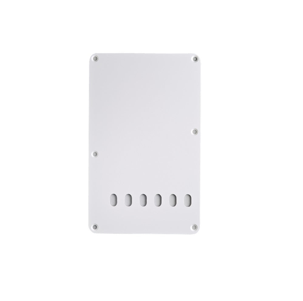 White rectangular tremolo backplate with six string holes and six screw holes on a white background.