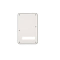 White rectangular guitar tremolo backplate with black edges and seven screw holes including a rectangular cutout.