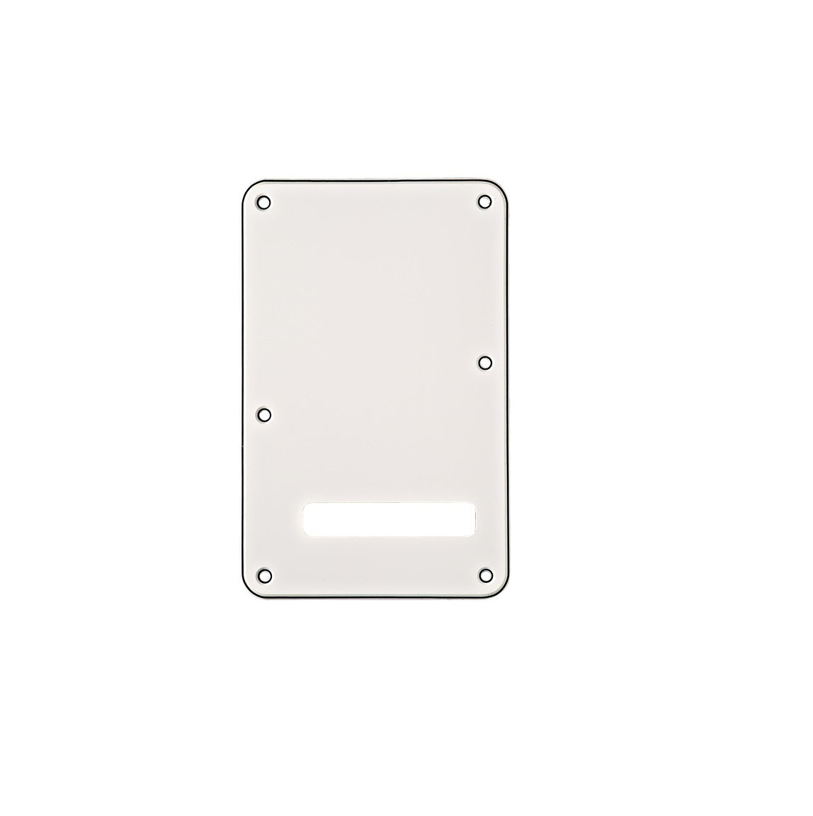White rectangular guitar tremolo backplate with black edges and seven screw holes including a rectangular cutout.