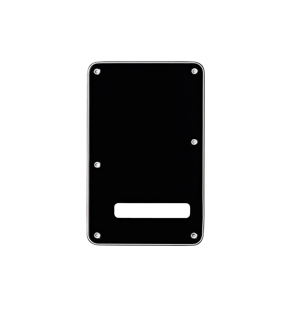 Black rectangular guitar backplate with white and black 3-ply layered edges and six screw holes