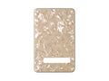 Aged white 4-ply plastic tremolo backplate for electric guitar with rectangular cutout and six mounting holes.