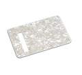 White pearloid plastic rectangular backplate with five screw holes and a rectangular cutout.