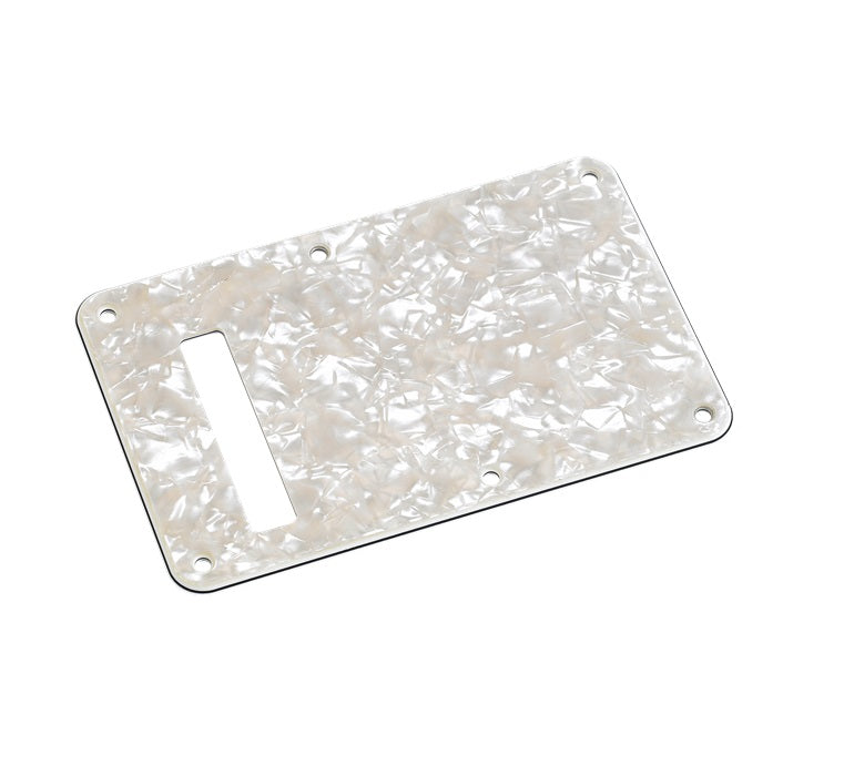 White pearloid plastic rectangular backplate with five screw holes and a rectangular cutout.