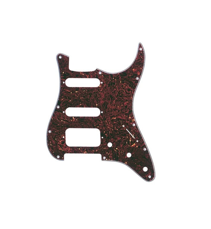 Dark red tortoise shell patterned guitar pickguard with 11 holes and three pickup cutouts.