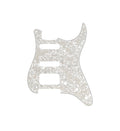 White pearloid guitar pickguard with 11 holes and three pickup cutouts in an HSS configuration.