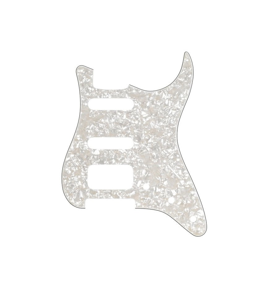 White pearloid guitar pickguard with 11 holes and three pickup cutouts in an HSS configuration.