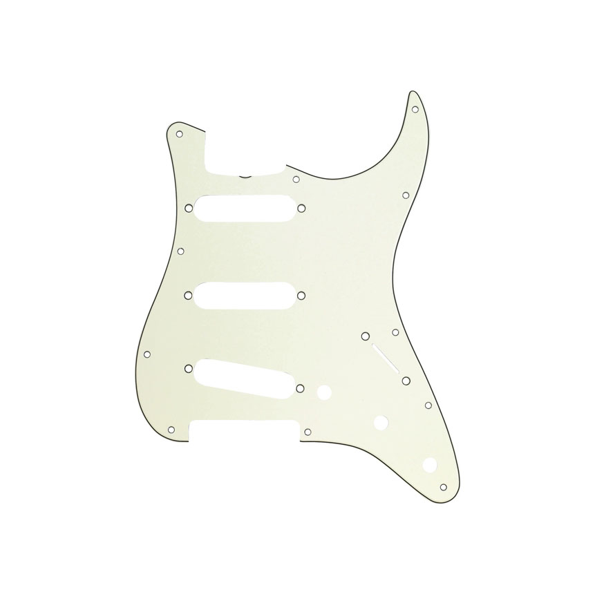 Off-white guitar pickguard with multiple cutouts for pickups and controls on a white background.
