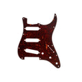 Dark tortoise shell-style guitar pickguard with 11 mounting holes and three pickup slots, isolated on white background.