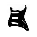 Black guitar pickguard with multiple holes and white borders on a white background.