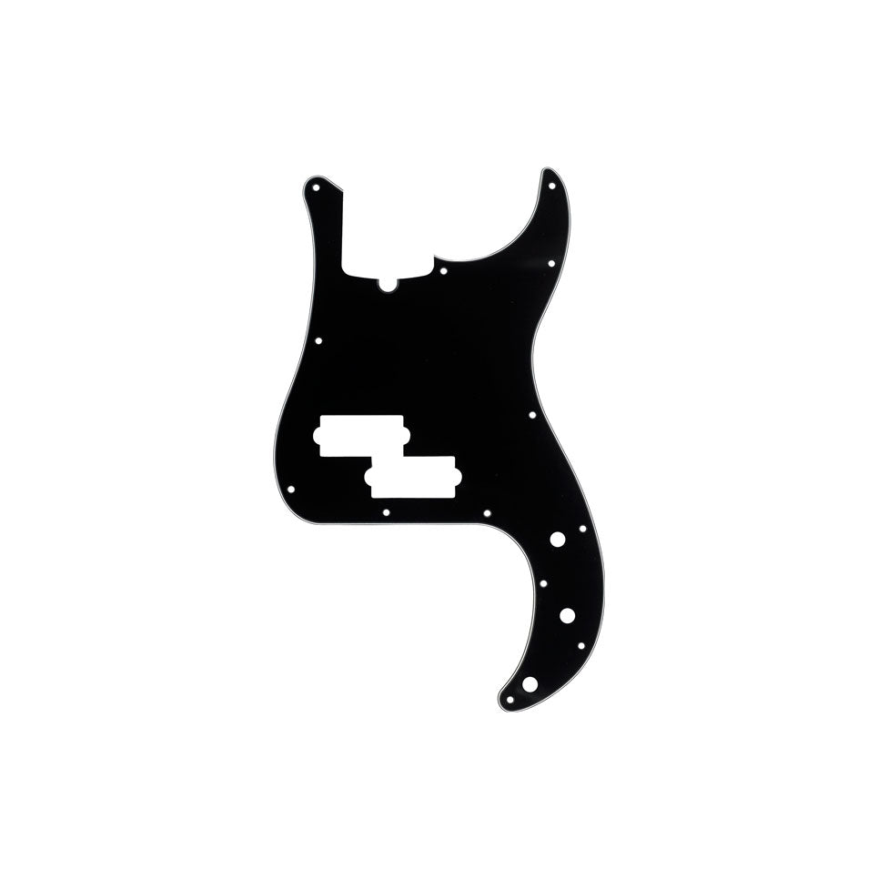 Black plastic guitar pickguard with 13 holes and cutouts, shown isolated on white background.