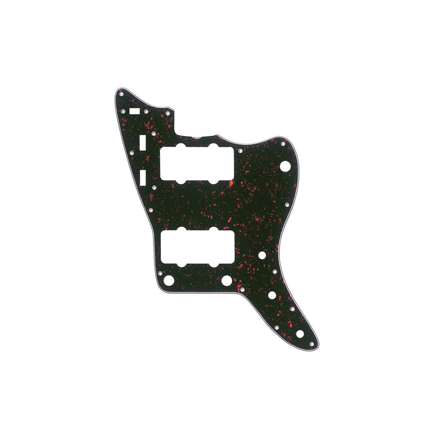 Black and red speckled guitar pickguard with multiple cutouts for controls and pickups.