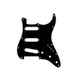 Black and white multi-hole guitar pickguard for Stratocaster style guitar with 11 holes.