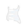 White 11-hole guitar pickguard with black outlining and cutouts for pickups and controls.