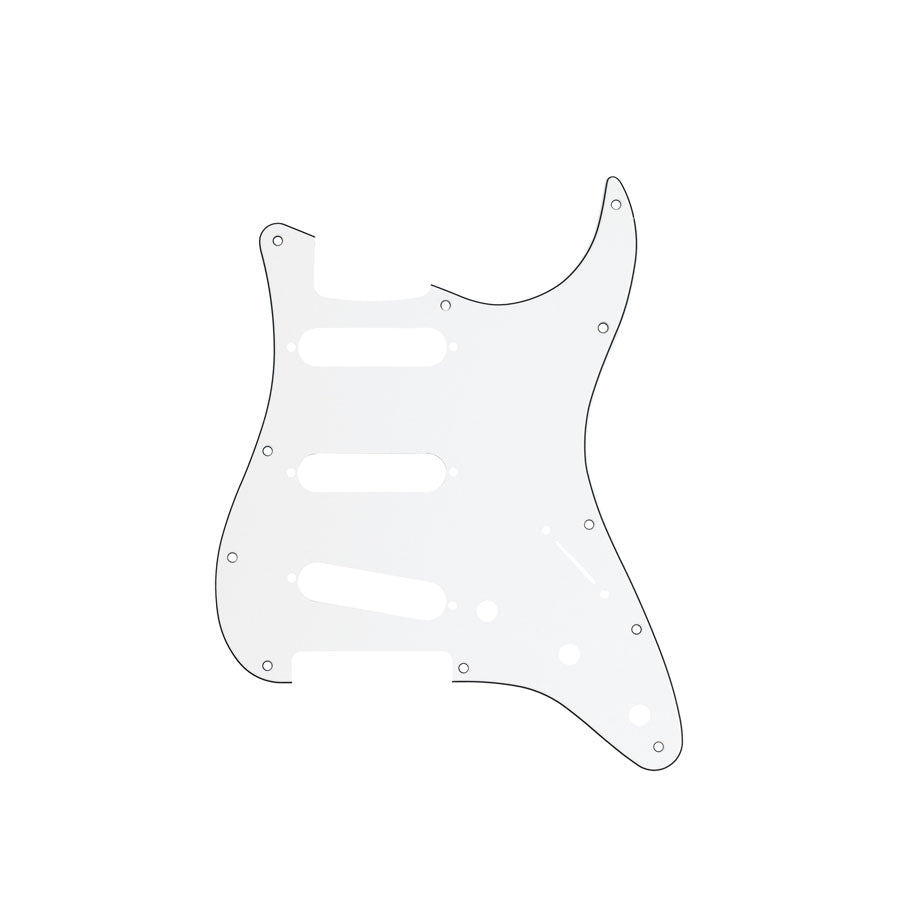 White 11-hole guitar pickguard with black outlining and cutouts for pickups and controls.