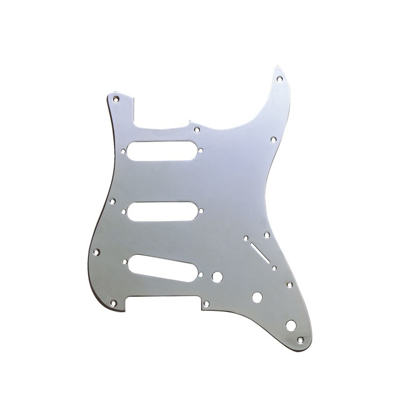 Chrome plated metal guitar pickguard with multiple mounting holes and cutouts for pickups and controls.