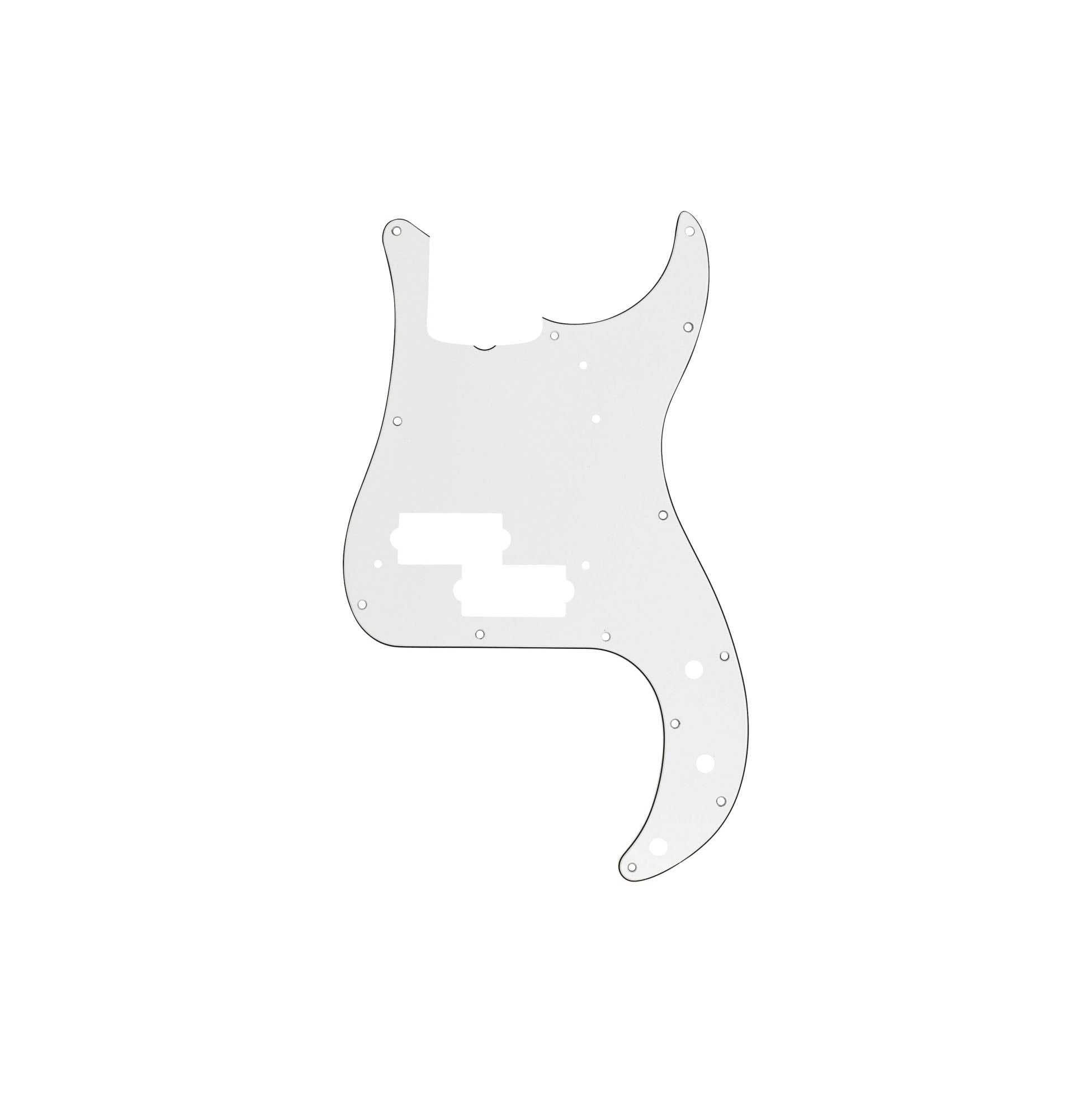 White 13-hole pickguard with multiple cutouts for a bass guitar on a white background.