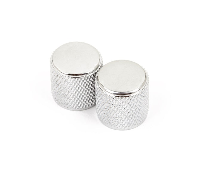 Two silver-colored metal knurled knobs with smooth tops shown on a white background.