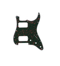 Black and red tortoise shell patterned guitar pickguard with eleven mounting holes and two rectangular pickup cutouts.