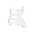 White 11-hole Stratocaster-style guitar pickguard with multiple cutouts and black edge lines.
