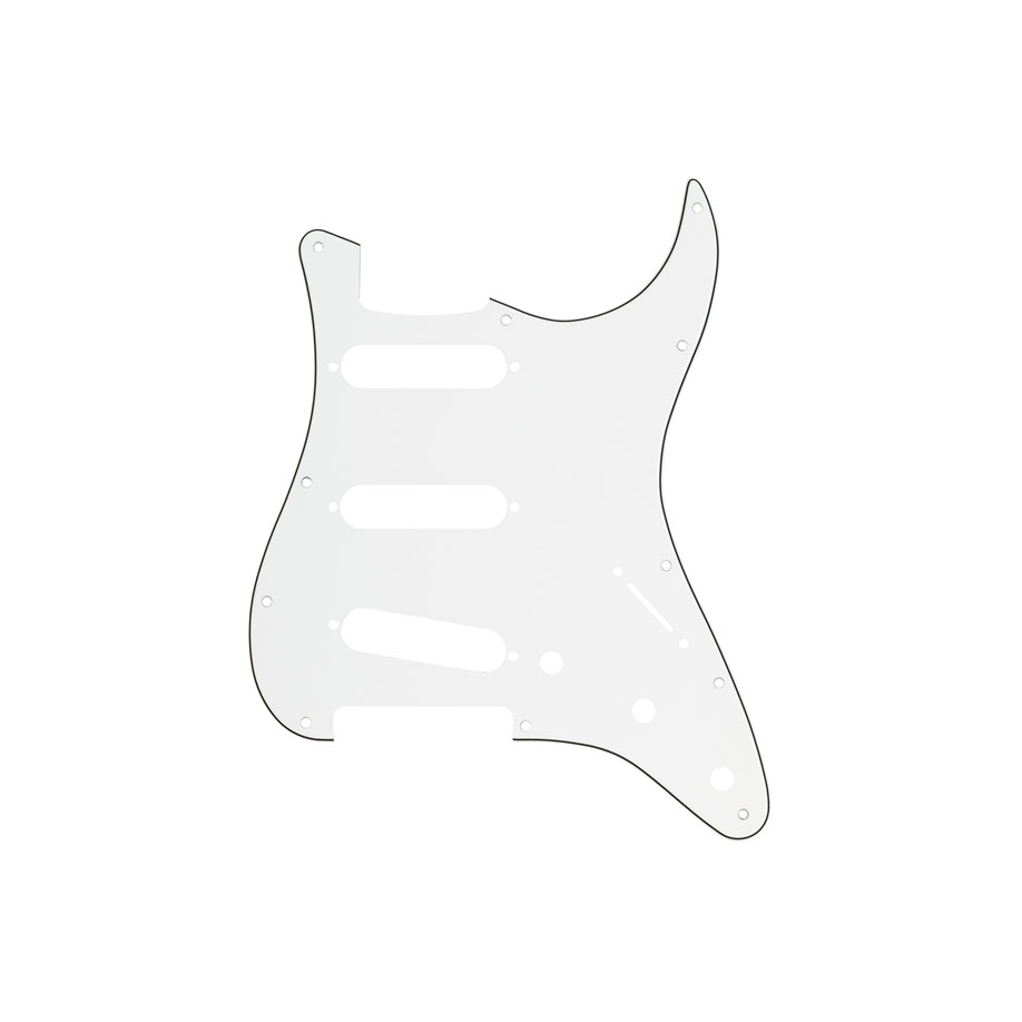 White 11-hole Stratocaster-style guitar pickguard with multiple cutouts and black edge lines.