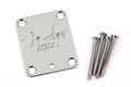 Chrome 4-bolt guitar neck plate with "Fender Corona California" engraving and four matching screws.