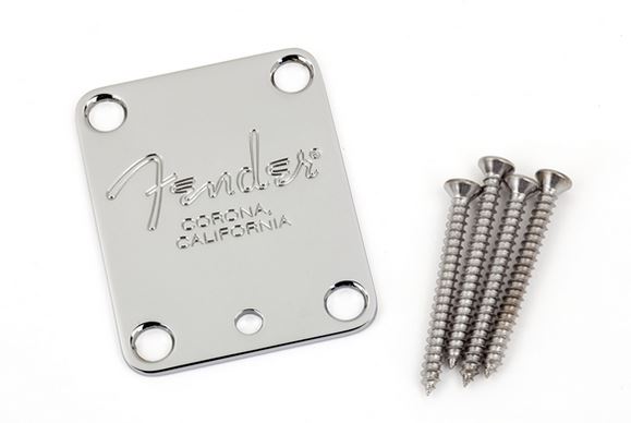 Chrome 4-bolt guitar neck plate with "Fender Corona California" engraving and four matching screws.
