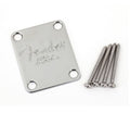Chrome metal neck plate stamped Fender CORONA CALIFORNIA with four mounting screws on white background.