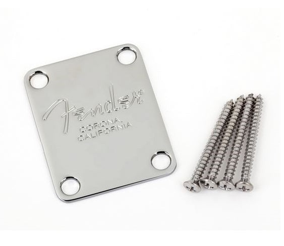 Chrome metal neck plate stamped Fender CORONA CALIFORNIA with four mounting screws on white background.