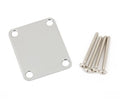 Rectangular silver metal plate with four screw holes and four matching screws on a white background.