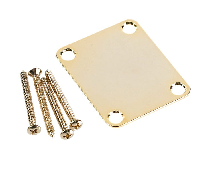 Gold-colored rectangular metal neck plate with four round corner holes and four matching screws on white background.