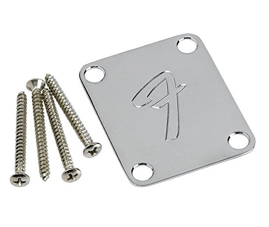 Chrome metal rectangular neck plate with an engraved stylized letter F and four screws.