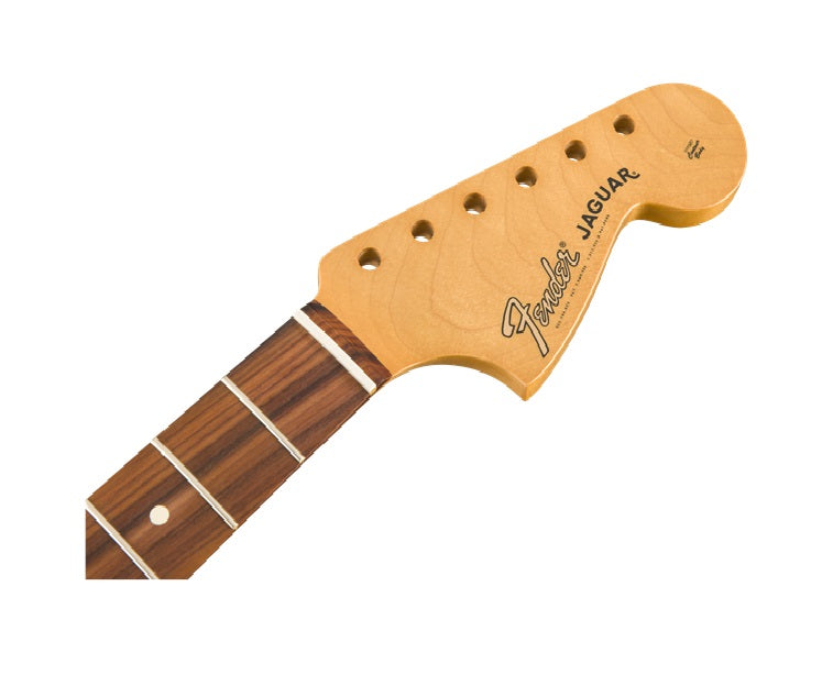 Close-up of a Fender guitar neck with Pau Ferro fingerboard and Fender Jaguar logo on the headstock.