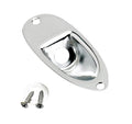 Chrome metal jack plate with two mounting screws on a white background.