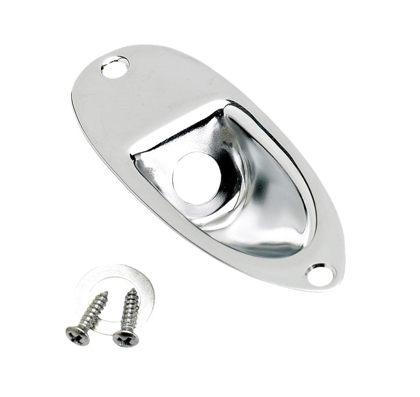 Chrome metal jack plate with two mounting screws on a white background.