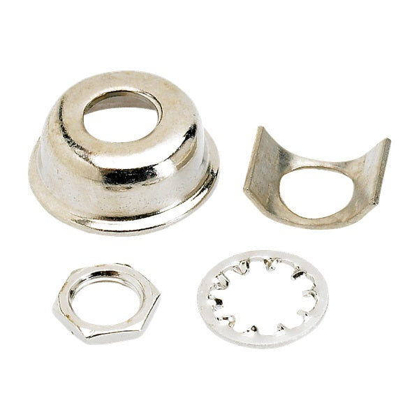 Four metallic components including a jack ferrule, clip, hex nut, and washer on a white background.